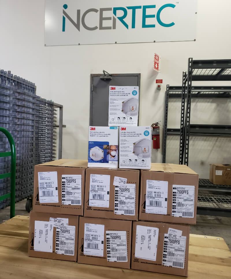 Boxes of PPE masks that were donated by INCERTEC