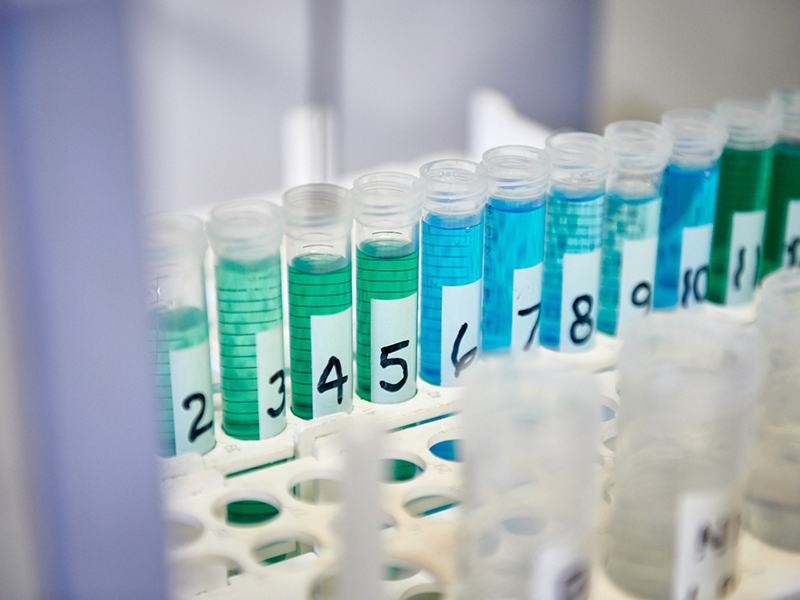 Test tubes with green and blue liquid